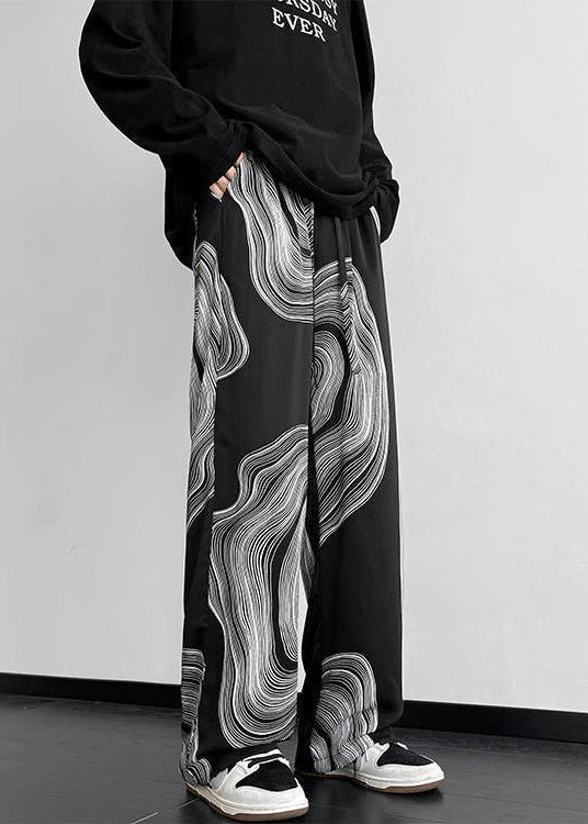Black Pockets Elastic Waist Cotton Pants Spring