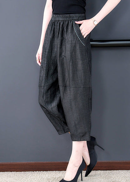 Black Pockets Elastic Waist Silk Harem Pants Fall