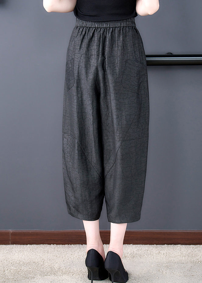 Black Pockets Elastic Waist Silk Harem Pants Fall