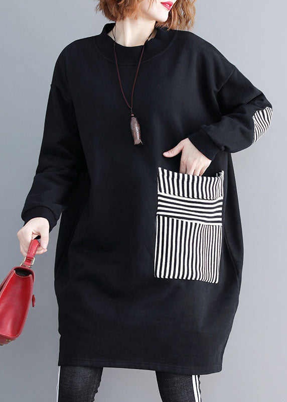 Black Pockets Patchwork Warm Fleece Sweatshirts Dress Winter
