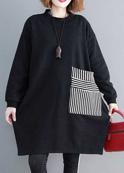 Black Pockets Patchwork Warm Fleece Sweatshirts Dress Winter