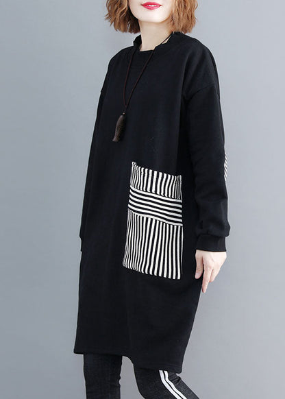Black Pockets Patchwork Warm Fleece Sweatshirts Dress Winter