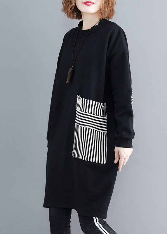 Black Pockets Patchwork Warm Fleece Sweatshirts Dress Winter