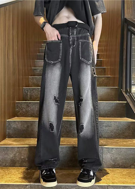 Black Pockets Ripped Denim Straight Pants Fall