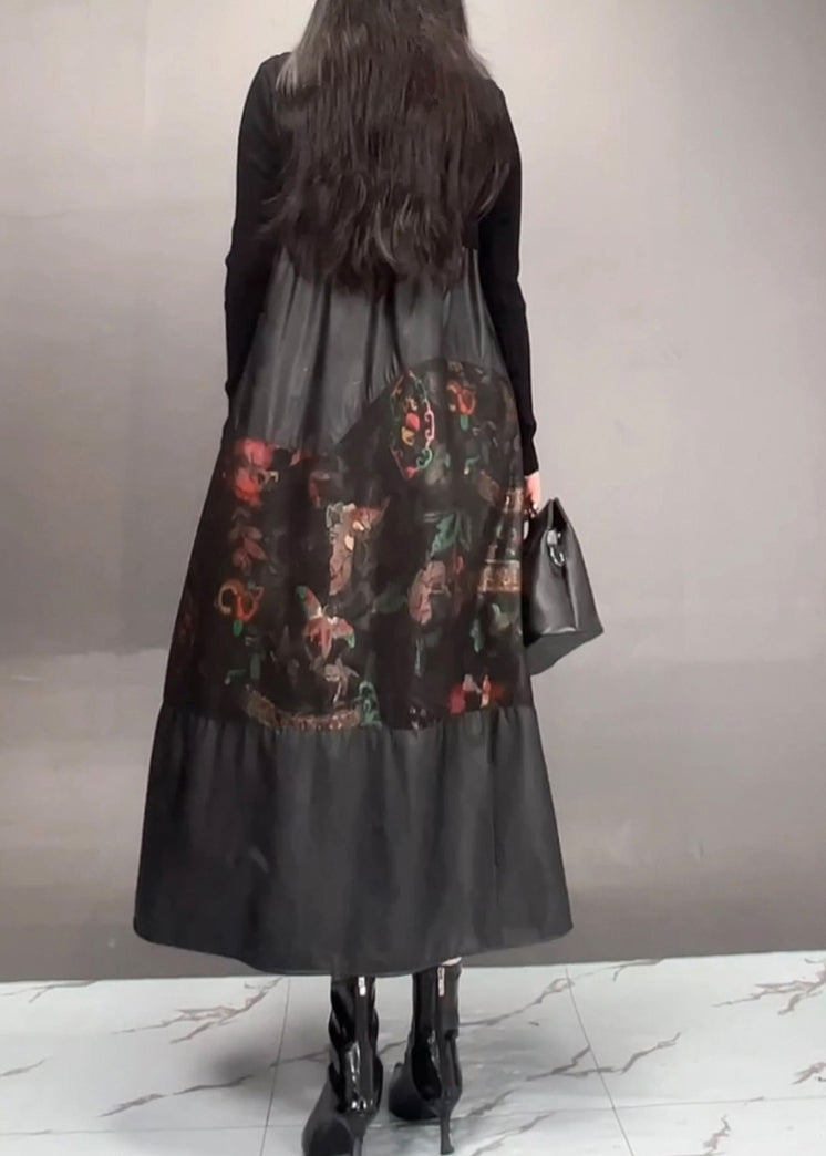 Black Print Patchwork Wrinkled Maxi Dress Spring