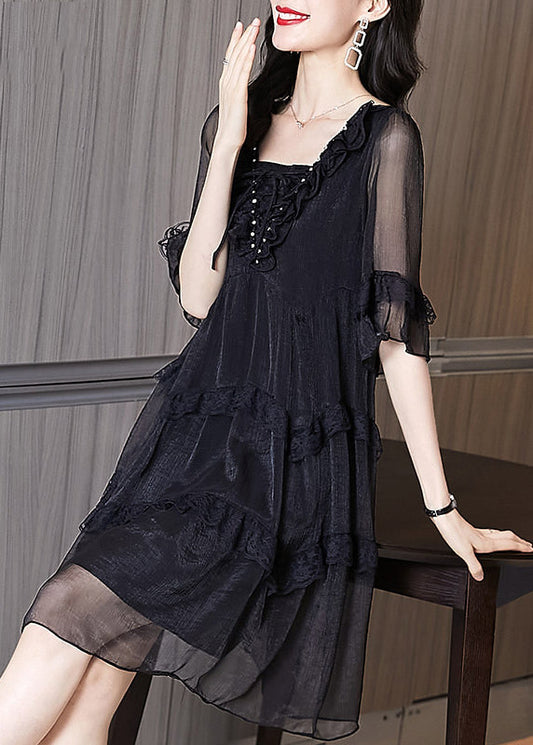 Black Ruffled Patchwork Chiffon Dress Summer