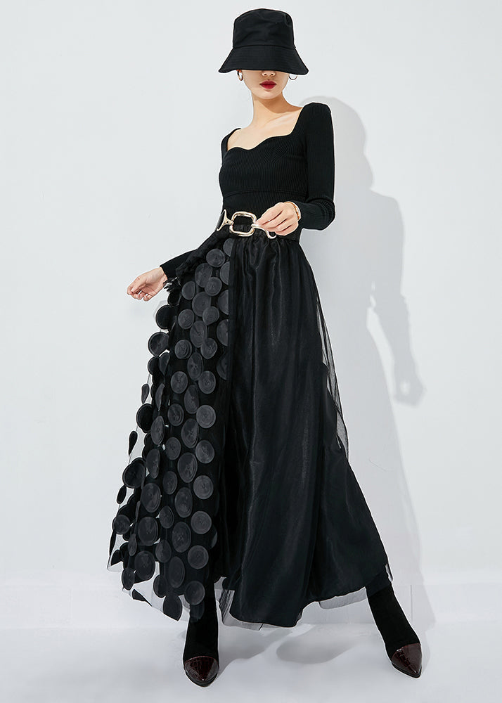Black Ruffled Patchwork Dot Tulle a Line Skirts Summer