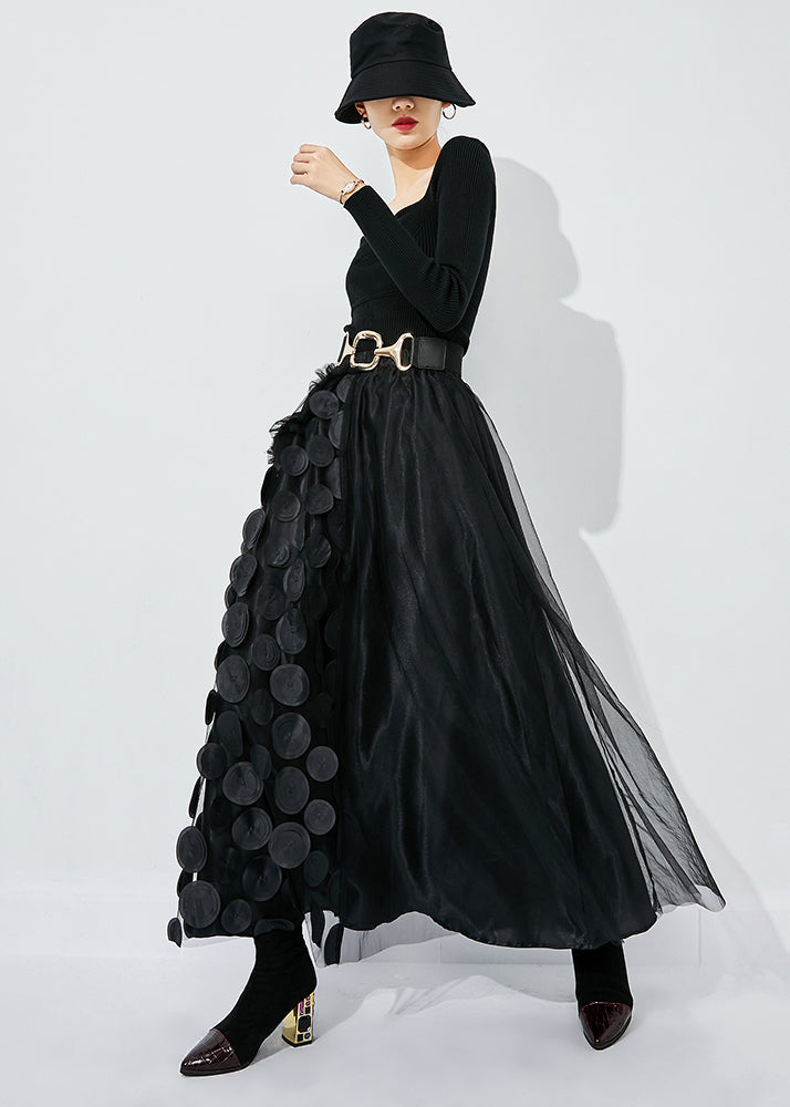 Rose-black Dot Ruffled Patchwork Dot Tulle a Line Skirts Summer