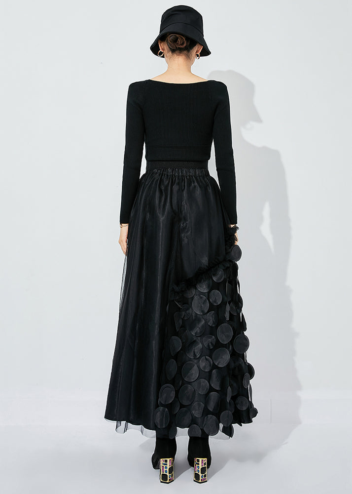 Rose-black Dot Ruffled Patchwork Dot Tulle a Line Skirts Summer