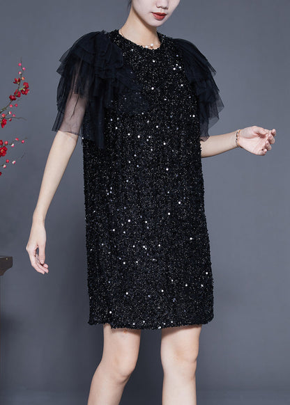 Black Sequins Patchwork Mid Dress Vestidos Summer