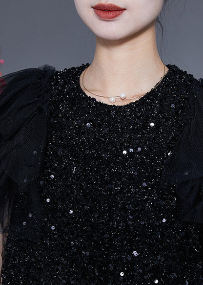 Black Sequins Patchwork Mid Dress Vestidos Summer
