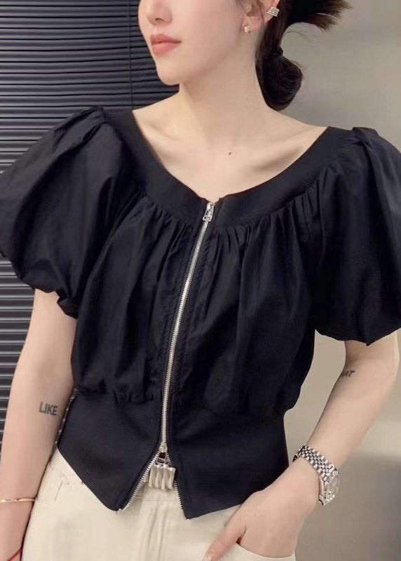 Black Slash Neck Wrinkled Zippered Shirts Puff Sleeve