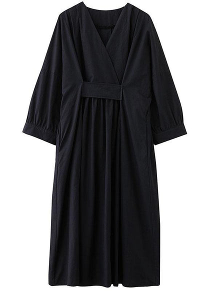 Black Slim Fit V Neck Pockets Fall Long Dresses Long Sleeve