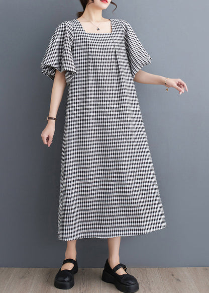 Black Square Collar Plaid Linen a Line Dress Puff Sleeve