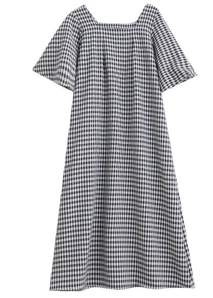 Black Square Collar Plaid Linen a Line Dress Puff Sleeve