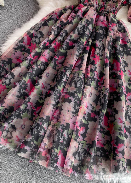Black Square Collar Print Tulle Patchwork Tunic Mid Dress Short Sleeve