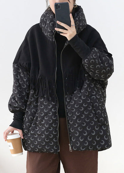 Black Stand Collar Zippered Pockets Print Cotton Parka Long Sleeve