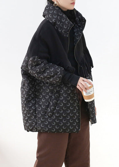 Black Stand Collar Zippered Pockets Print Cotton Parka Long Sleeve