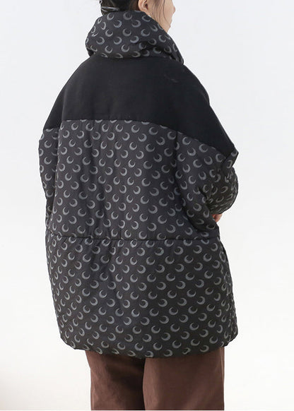 Black Stand Collar Zippered Pockets Print Cotton Parka Long Sleeve