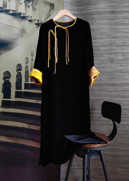 Black Tasseled Patchwork Silk Velour Dress Spring