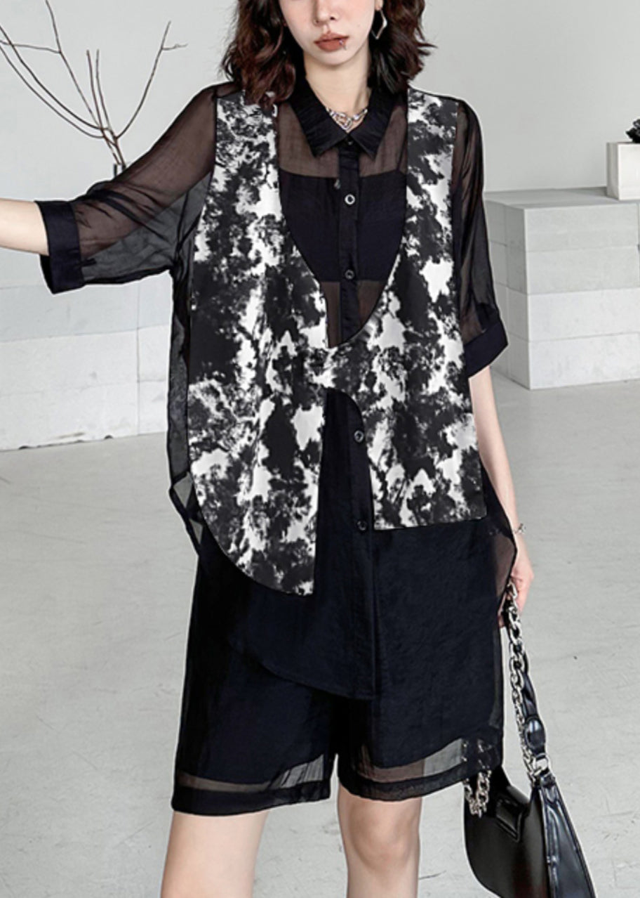 Black Tie Dye Patchwork Shirts and Shorts Cotton Two Piece Set Summer