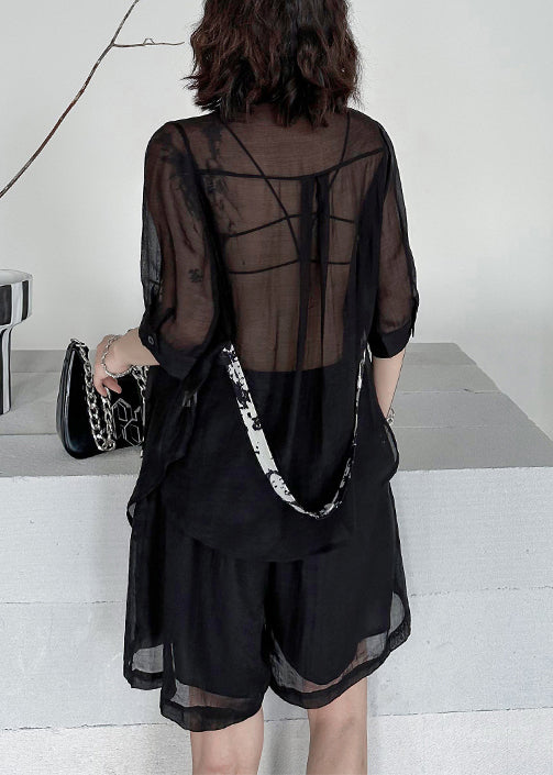 Black Tie Dye Patchwork Shirts and Shorts Cotton Two Piece Set Summer