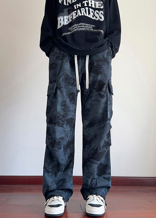 Black Tie Dye Pockets Corduroy Pants Elastic Waist Spring