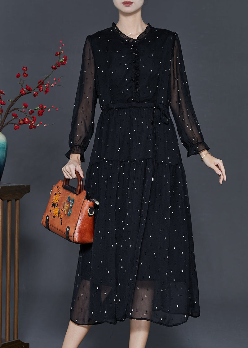 Black Tie Waist Dot Chiffon Long Dress Fall