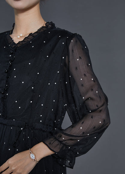 Black Tie Waist Dot Chiffon Long Dress Fall