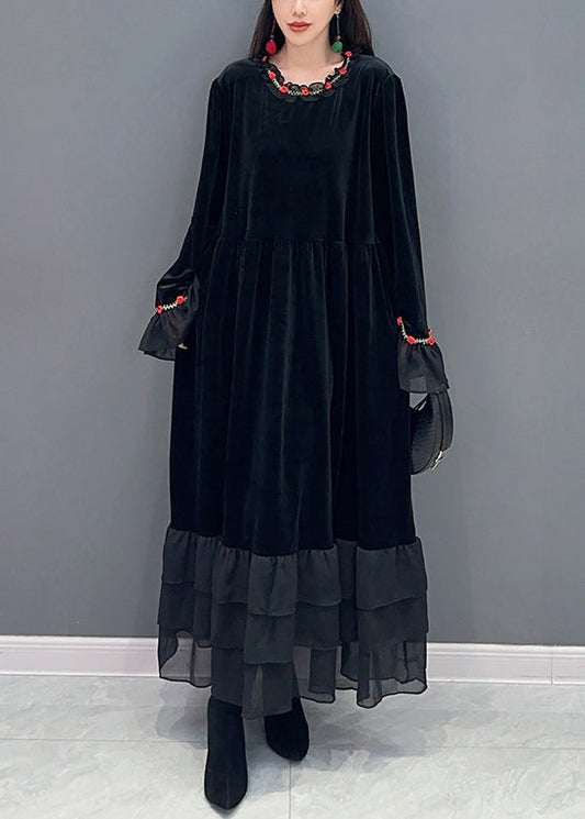 Black Tulle Patchwork Silk Velvet Long Dresses Spring