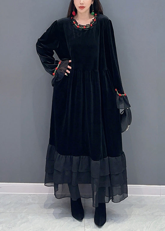 Black Tulle Patchwork Silk Velvet Long Dresses Spring