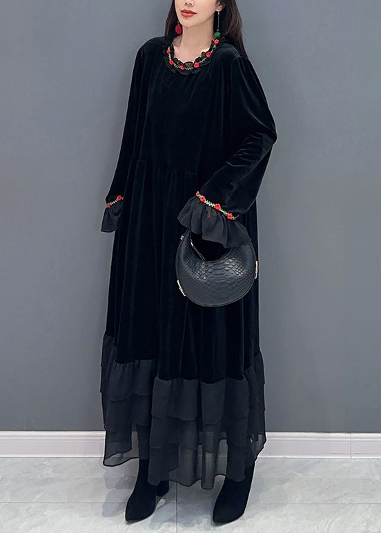 Black Tulle Patchwork Silk Velvet Long Dresses Spring