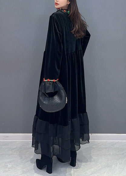 Black Tulle Patchwork Silk Velvet Long Dresses Spring