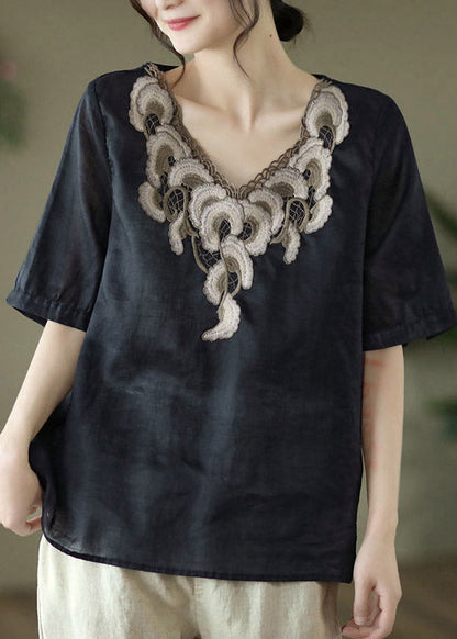 Black V Neck Embroidered Linen Shirts