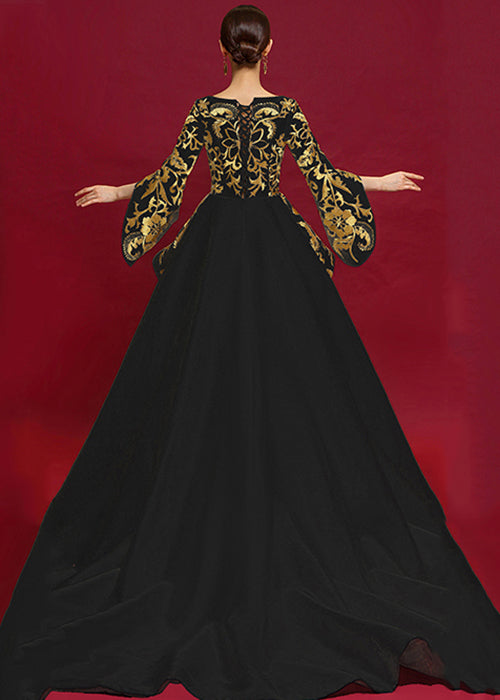 Black V Neck Embroidered Patchwork Silk Maxi Dresses Summer