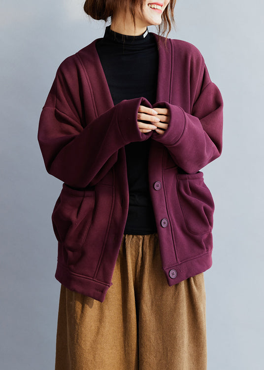 Black V Neck Pockets Warm Fleece Coat Winter