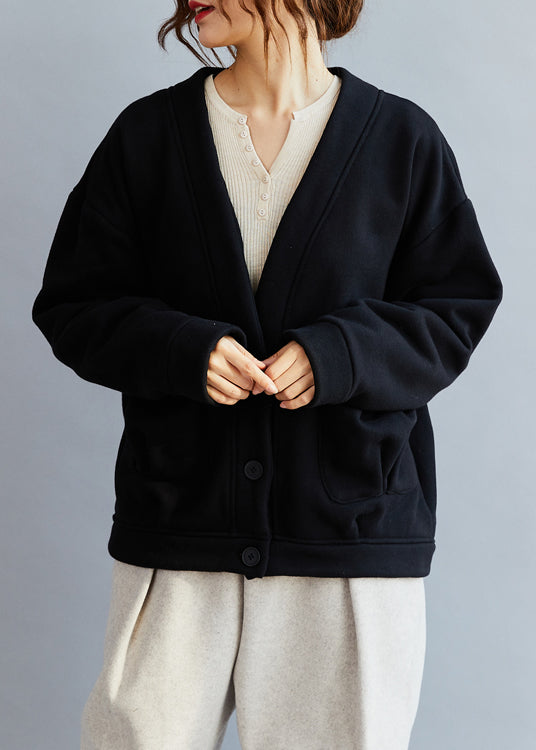Black V Neck Pockets Warm Fleece Coat Winter