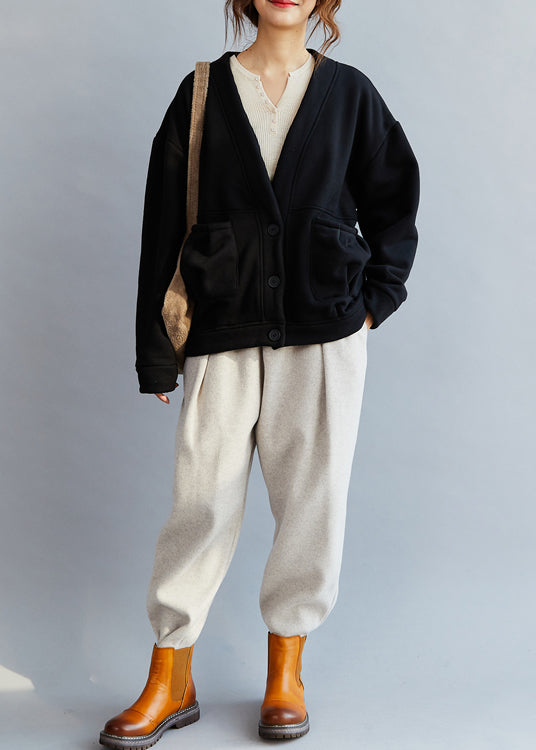 Black V Neck Pockets Warm Fleece Coat Winter