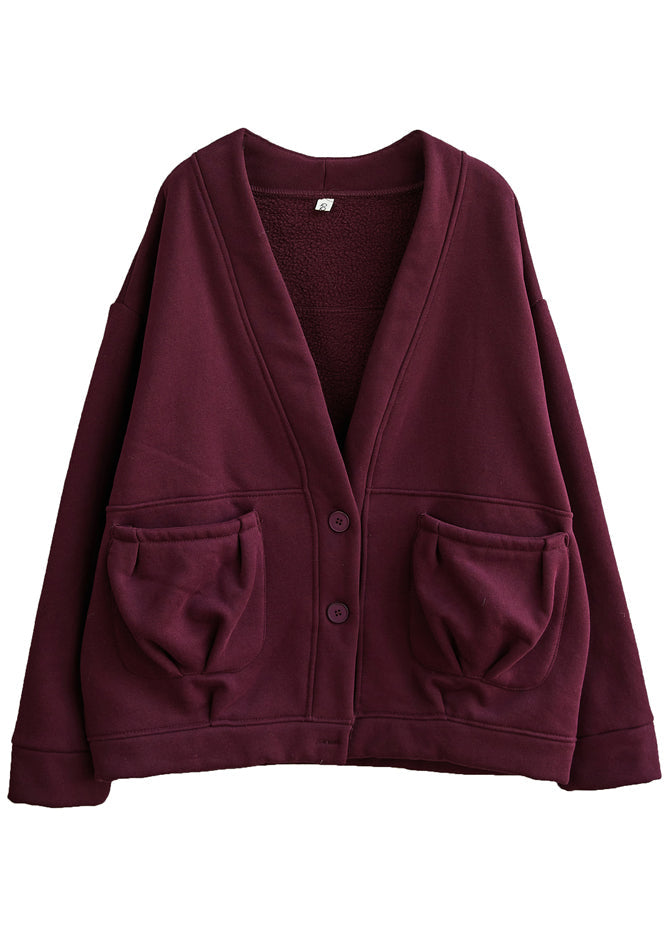 Black V Neck Pockets Warm Fleece Coat Winter