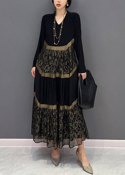 Black V Neck Print Tulle Patchwork Cotton Dresses Fall