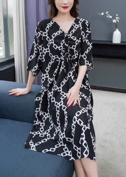 Black V Neck Print Wrinkled Patchwork Chiffon Dress Summer