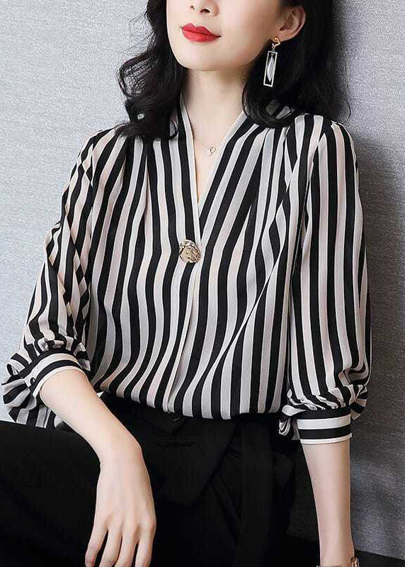 Black V Neck Striped Patchwork Silk Shirt Tops Spring