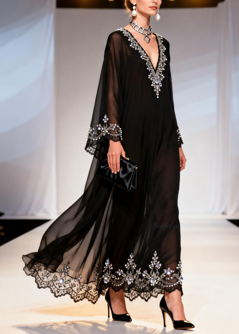 Black V Neck Zircon Patchwork Chiffon Dress Spring