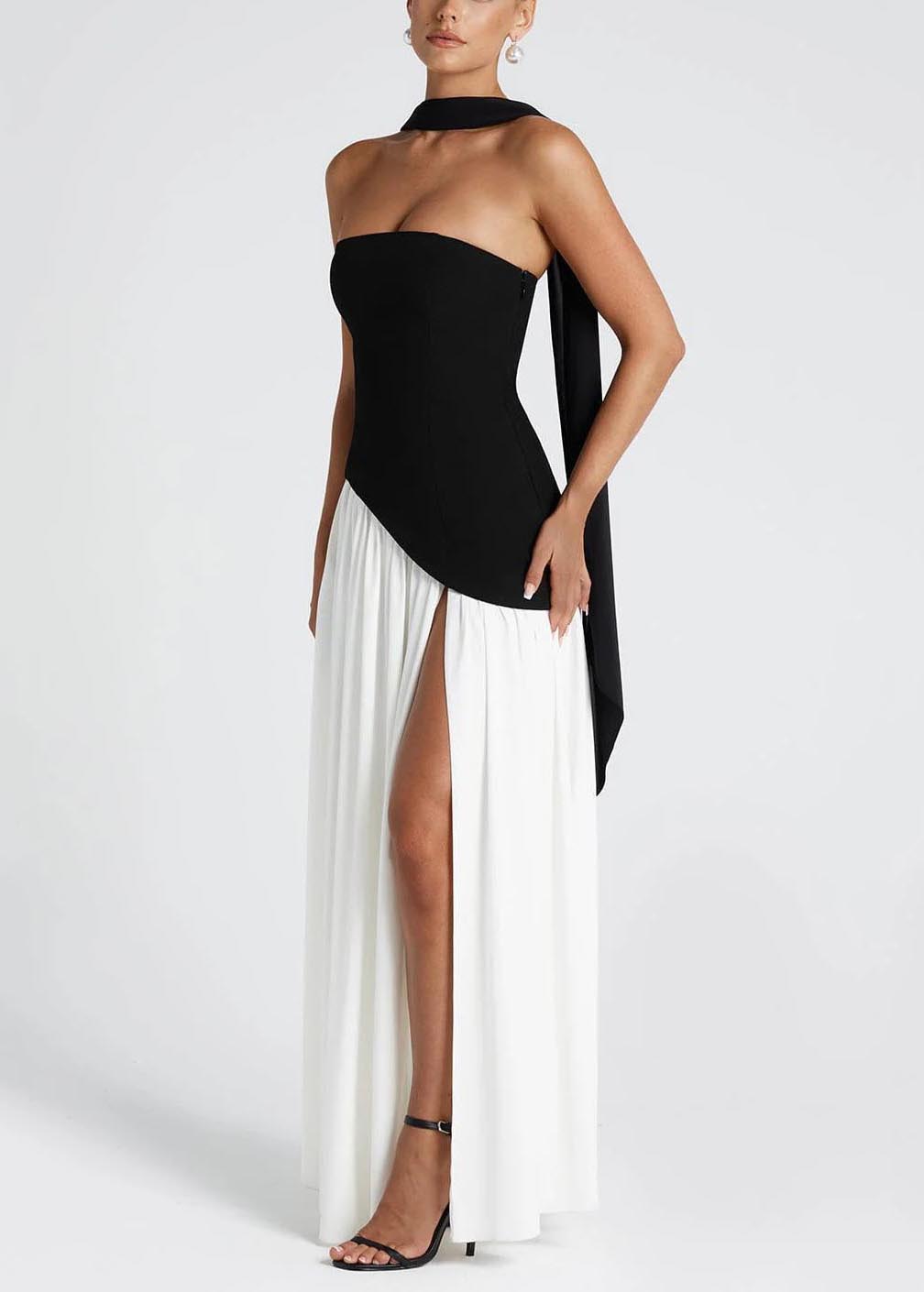 Black White Patchwork Side Open Chiffon Party Dresses