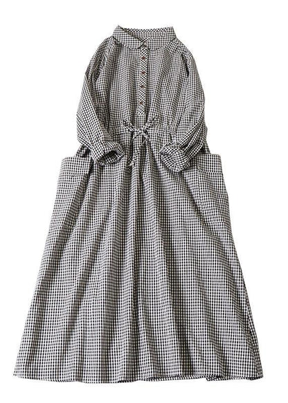 Black White Plaid Pockets Button Tie Waist Fall Patchwork Dress Long Sleeve