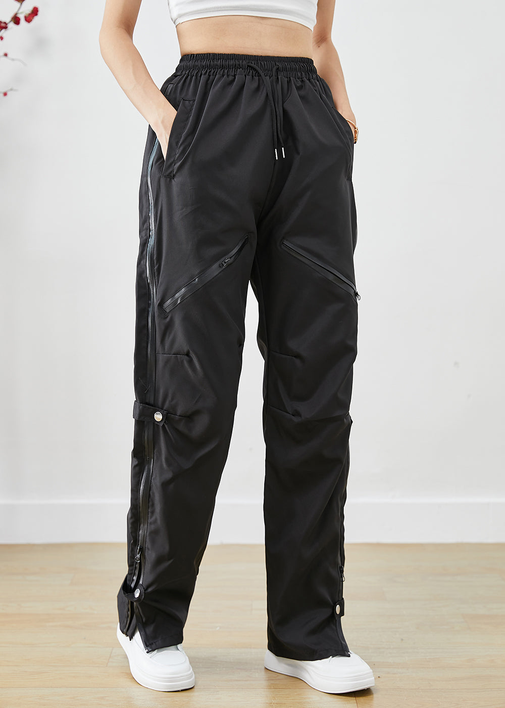 Black Zip Up Patchwork Pockets Spandex Overalls Pants Fall