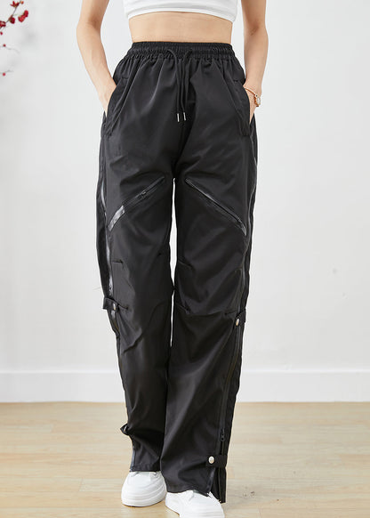 Black Zip Up Patchwork Pockets Spandex Overalls Pants Fall