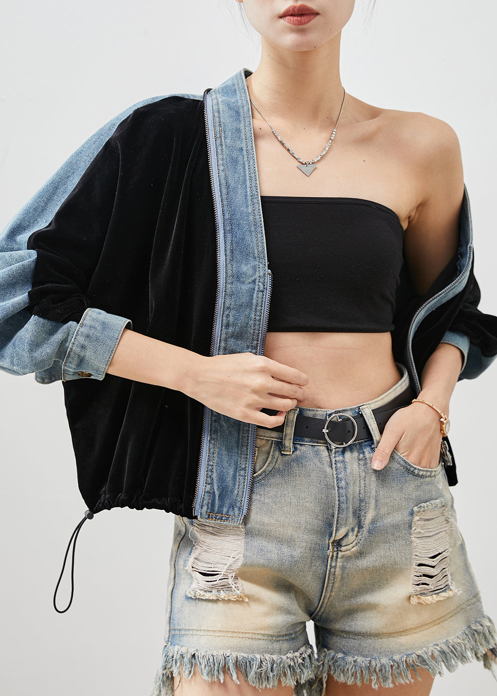 Black Zip Up Patchwork Silk Velvet Denim Coats Spring