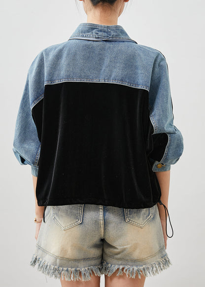 Black Zip Up Patchwork Silk Velvet Denim Coats Spring