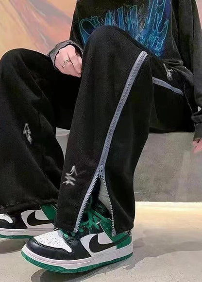 Black Zip Up Pockets Patchwork Cotton Pants Fall